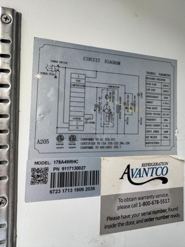 AVANTCO 2 solid door refrigerator label with model 178A49RHC, circuit diagram, and warranty service details.
