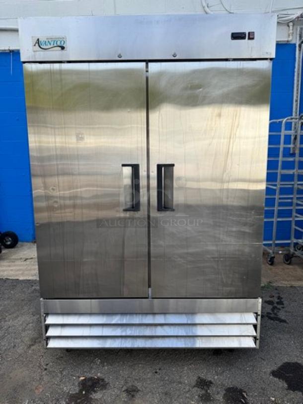 AVANTCO 2 Solid Door Refrigerator, Model 178A49RHC, on casters, stainless steel, 115V, tested and working condition.