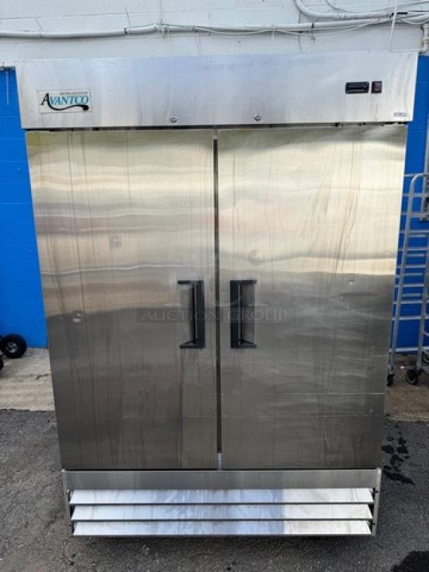AVANTCO 2 Solid Door Refrigerator, model 178A49RHC, on casters, stainless steel, 115V, tested and working condition.