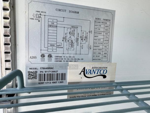 AVANTCO 178A49RHC solid door refrigerator label showing circuit diagram and certification details.