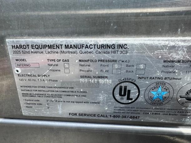 HARDT Inferno natural gas rotisserie oven, 40-chicken capacity, model INFERNO, 120V, one broken handle, serial 70914303185.