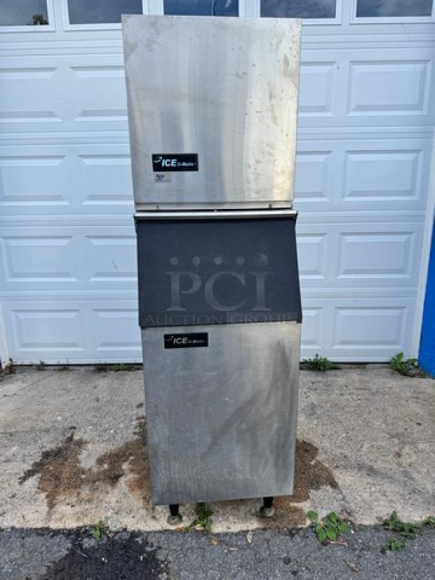 Ice o-Matic ICEO320HA2 ice maker with bin, stainless steel, 115V, tested and working, visible brand labels.
