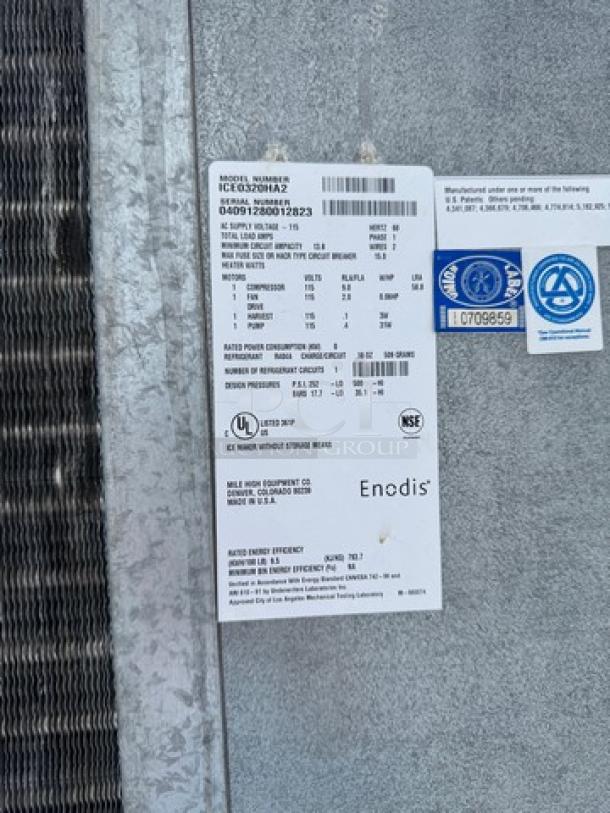 Ice o-Matic Ice Maker with Bin, Model ICEO320HA2, 115V, tested and working, metal finish, energy efficient.