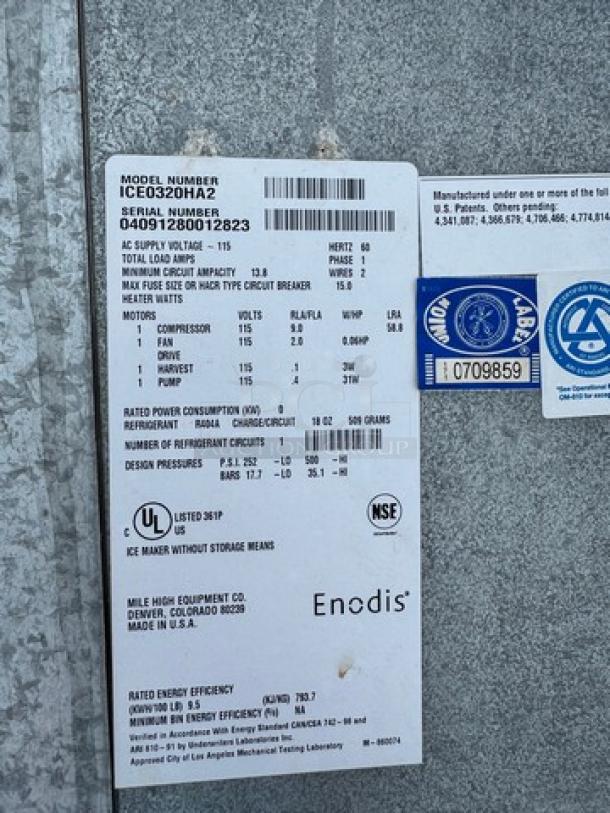 Ice o-Matic Ice Maker ICEO320HA2 with bin, 115V, tested working. UL and NSF listed. Serial 04091280018283. Made in USA.