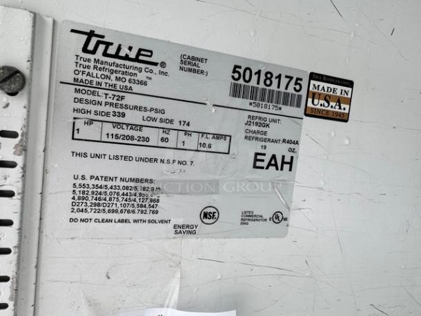 Label on TRUE 3 Solid Door Freezer, Model T-72F, 115V, U.S.A. made, tested working, NSF certified, serial number 5018175.