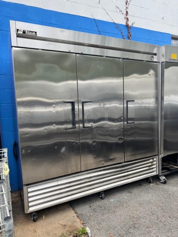 TRUE T-72F 3 Solid Door Freezer, stainless steel, 115V, tested and working, on casters for mobility, excellent condition.