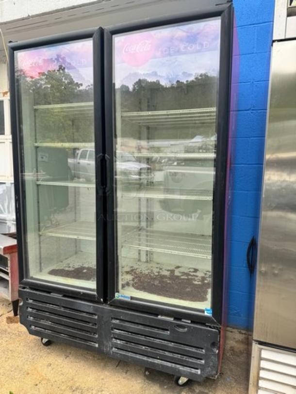 Imbera VRD43 glass door refrigerator, 115V, with two doors and Coca-Cola branding; tested and working, in good condition.