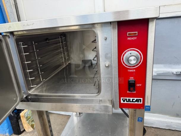 VULCAN VSX9000 Counter Convection Steamer with Stand, 208V/1PH, stainless steel, open door view, control panel visible.