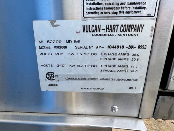 VULCAN VSX9000 Convection Steamer with Stand, 208V/1PH, stainless steel, serial AP-1044818, model VSX9000.