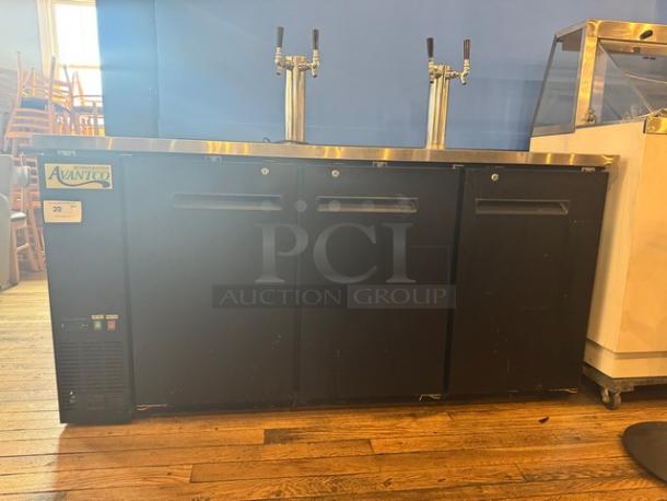 AVANTCO 3 Door Kegerator Beer Dispenser, model 178UDO72HC, black, double tap, tested and working, 115V.