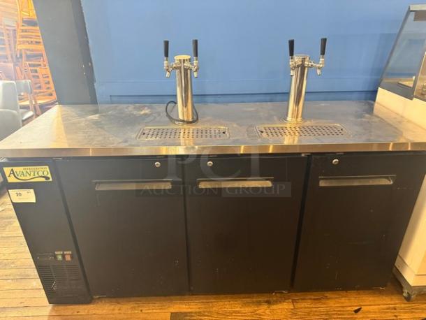 AVANTCO 178UDO72HC 3-door kegerator beer dispenser with two double taps, black finish, tested and working condition, 115V.