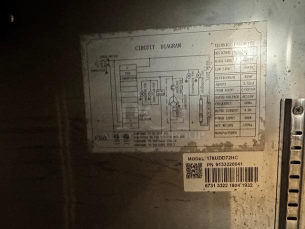 AVANTCO 3 Door Double Tap Kegerator Beer Dispenser, Model 178UDO72HC. Visible circuit diagram and model details label.