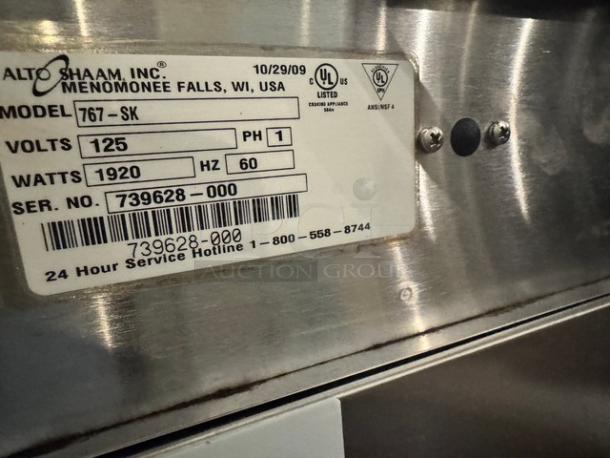 Alto-shaam 767-SK undercounter smoker oven label, 125V, 1920 watts, tested and working, serial number 739628-000.