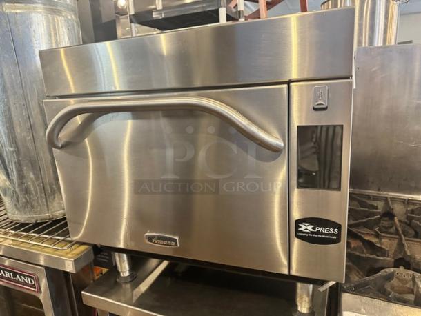 Amana Xpress AXP22T countertop convection oven, stainless steel, 208/240V, with front handle and display, in used condition.