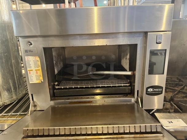 Amana Xpress AXP22T countertop convection oven, 208/240V, stainless steel, open door showing interior, used condition.