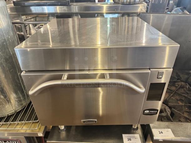 Amana Xpress AXP22T convection oven, stainless steel, countertop model, 208/240V, touchscreen, visible branding, excellent condition.