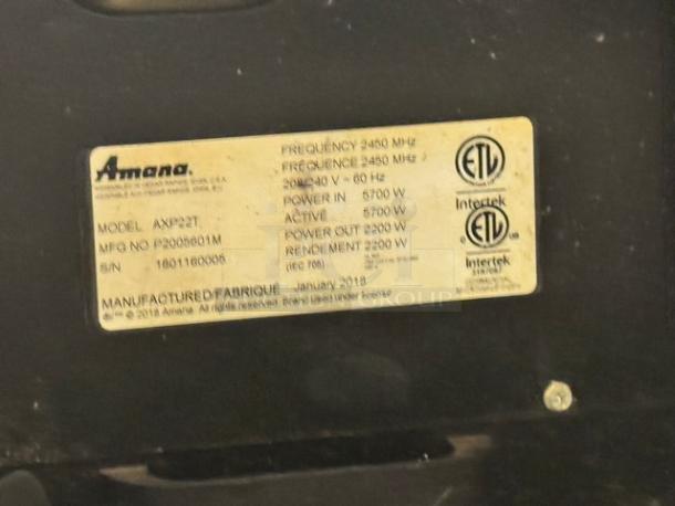 Amana Xpress Convection Oven, Model AXP22T, 208/240V, ETL certified label, manufactured January 2018.