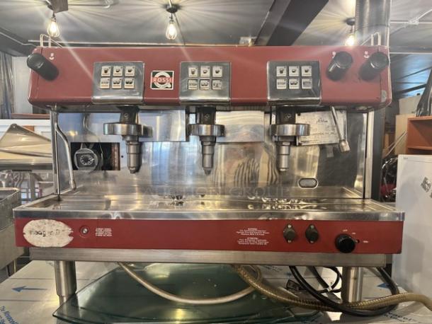 Brasilia 205EX FNG DIG3 commercial espresso machine, 230V, red and stainless steel finish, three-group head, used condition.