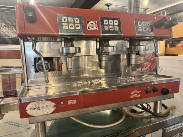 Brasilia 205EX FNG DIG3 commercial espresso machine, 230V, three-group, red and stainless steel, used condition.