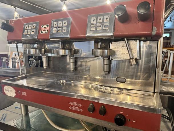 Brasilia 205EX FNG DIG3 Commercial Espresso Machine 230V, stainless steel, three-group, digital controls, visible wear.