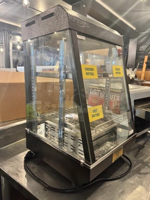 AVANTCO 13" Countertop Heated Display Warmer, model SW-4H, in working condition. Features glass panels, internal racks, labeled for various patties.