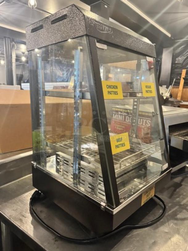 AVANTCO 13" Countertop Heated Display Warmer, Model SW-4H, showcases shelving labeled for chicken, veggie, and beef patties.
