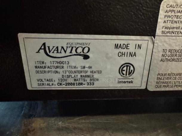 AVANTCO 13" countertop heated display warmer, model SW-4H, 120V, 850W. Tested & working, serial CK-200810R-333. Made in China.