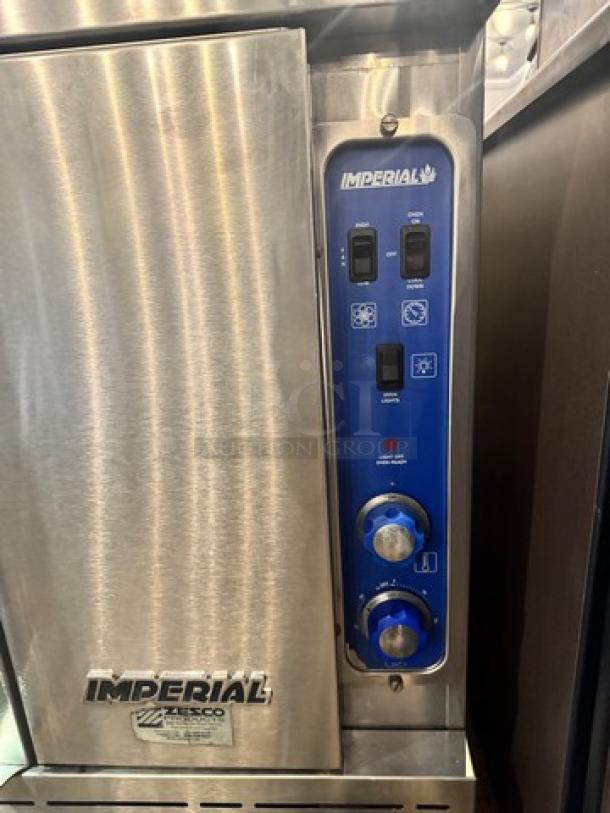 Imperial natural gas full-size single deck convection oven with legs. Stainless steel, control panel, branded markings.