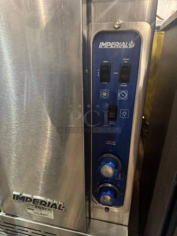 Imperial natural gas single deck convection oven with legs, control panel visible, stainless steel, used condition.