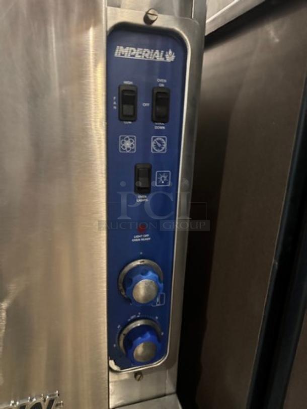 Imperial Natural Gas Convection Oven controls, stainless steel, blue panel with dials, excellent condition.