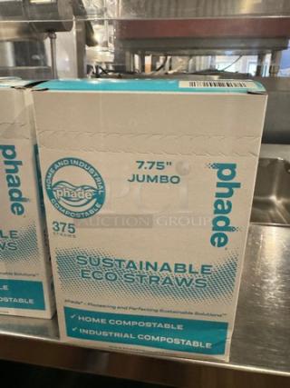 Box of Phade 7.75" Jumbo Eco Straws, 375 count, home and industrial compostable, in original packaging.