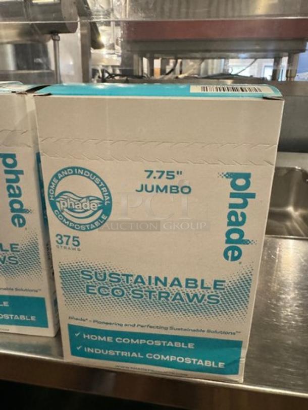 Phade 7.75" Jumbo Eco Straws, 375 count, full box. Home and industrial compostable, sustainable solution.