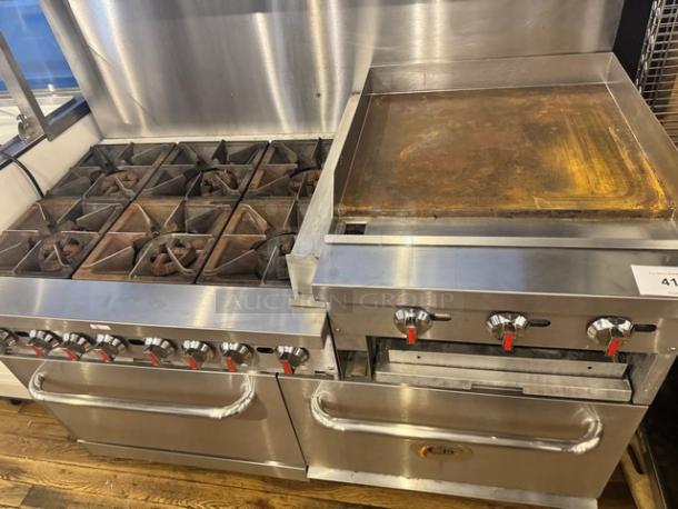 CPG natural gas stove with 6 burners and 24" griddle, stainless steel, on legs, visible control knobs, lightly used condition.