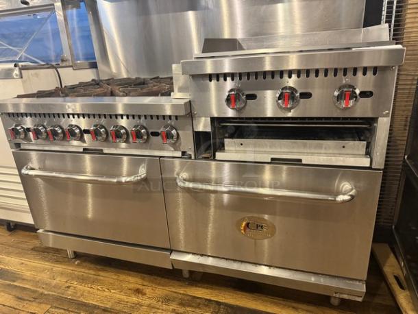 CPG Natural Gas stove with 6 burners and 24-inch griddle on legs, stainless steel, excellent condition, commercial kitchen equipment.
