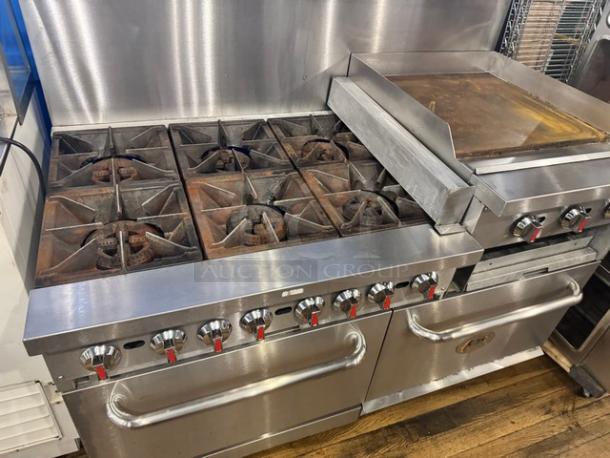 CPG Natural Gas Stove, 6 Burners, 24" Griddle, stainless steel, on legs. Good condition, suitable for commercial use.