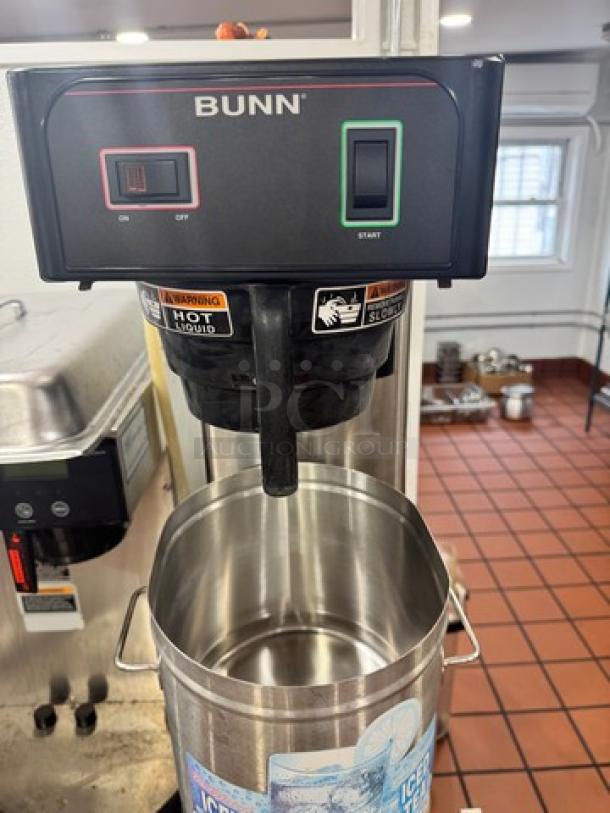BUNN TB3 Coffee Brewer, 120V; features on/off and start buttons; includes hot liquid warning label; stainless steel container.