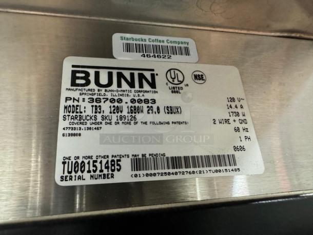 BUNN TB3 Coffee Brewer label showing model, 120V, 14.4A, 1730W, Starbucks SKU 189126, and serial number.