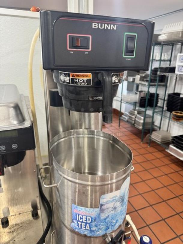 BUNN TB3 Coffee Brewer, 120V, stainless steel, labeled "HOT LIQUID" and "ICED TEA," in used condition.