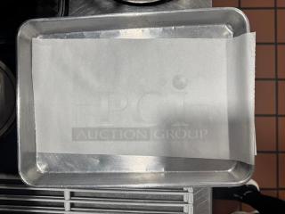 Lot of 9 aluminum pans, 13x9.5 inches. Rectangular, good condition, suitable for baking or serving.