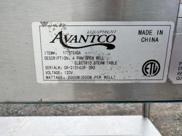 Avantco 4 Bay Steam Table, Model 177STE4SA, 120V, ETL listed, 2000W total, 500W per well, made in China, tested and working.