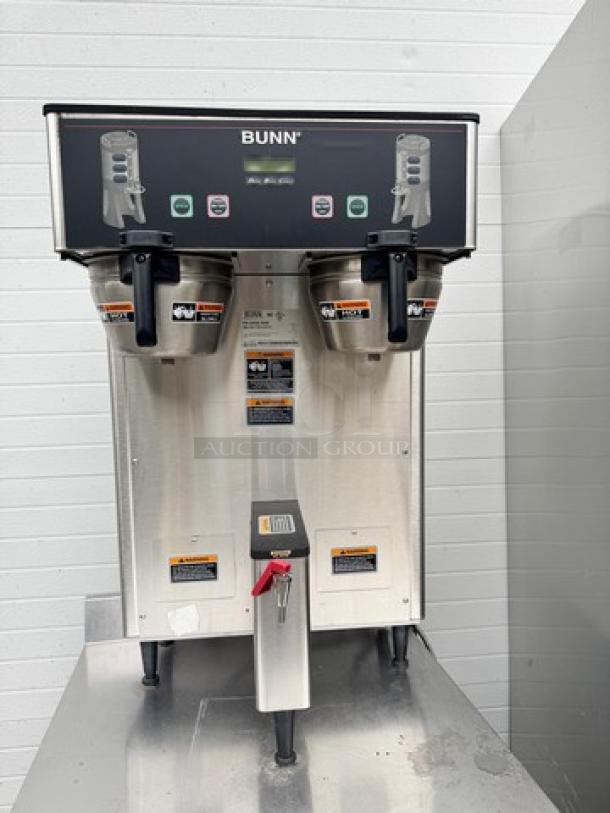 BUNN Dual Coffee Brewer TF DBC, 120/240V, stainless steel, dual funnels, control buttons, good condition.