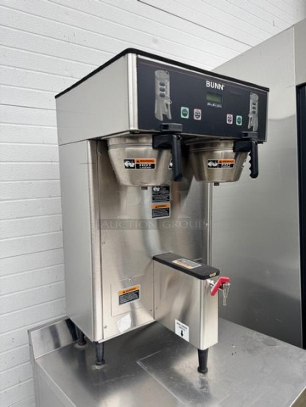 BUNN Dual Coffee Brewer TF DBC model, 120/240V, stainless steel, dual brew stations, digital controls, condition appears excellent.