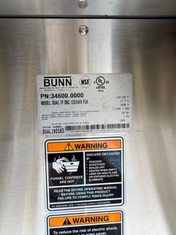 BUNN Dual TF DBC Coffee Brewer 120/240V, stainless steel, model and warning labels, NSF, UL listed.