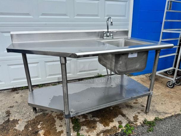 Stainless Steel 60" sink and table with under-shelf. Broken faucet. Industrial, used condition. Ideal for commercial kitchens.