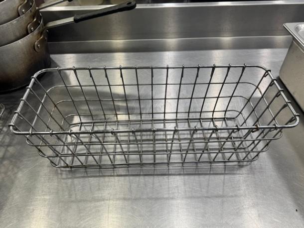 Lot of 3 metal wire baskets, rectangular shape, silver finish, sturdy construction, good condition, kitchen use.