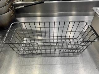 Lot of 3 metal wire baskets, rectangular shape, silver finish, sturdy construction, good condition, kitchen use.