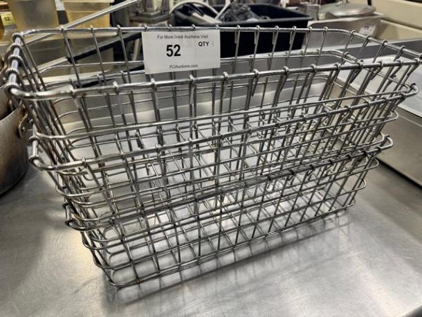 Lot of 3 metal wire baskets in good condition, rectangular shape, with visible auction tag "52" indicating quantity 3.