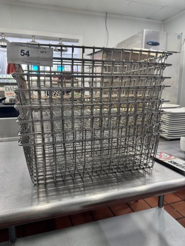 20x14" metal wire baskets, BIDX8. Stack of sturdy, rectangular baskets on stainless steel surface. Ideal for storage.
