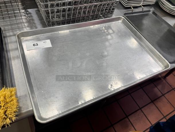 Aluminum baking pan BIDX2, large, rectangular, gray finish, good condition. Number tag '63 QTY' visible on surface.