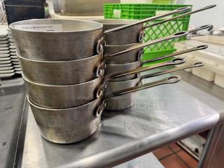6" Saucepan BIDX8 set, stackable design, stainless steel, used condition, visible wear, long handles with hanging holes.